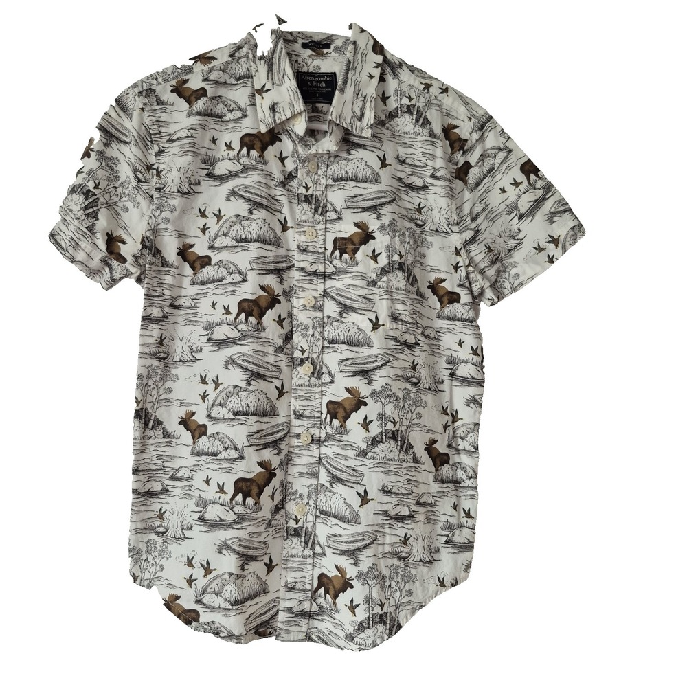 Abercrombie & Fitch Muscle Shirt Mens S White Moose AOP Short Sleeve Button Up